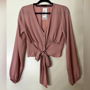 Boohoo Blush Dusty Pink Mauve Lantern Sleeve Tie Waist Button Up Crop Top Blouse